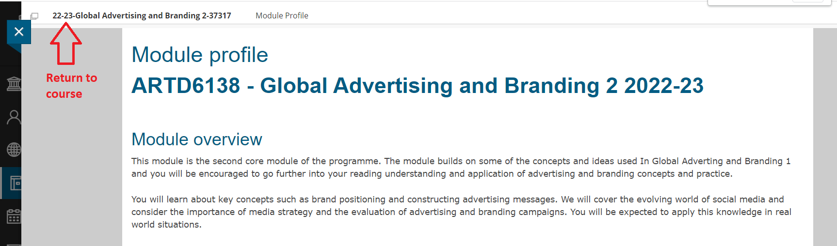 Screenshot of a module profile page displayed within a Blackboard course. The course name in the top left is highlighted by a red arrow labelled "Return to course".