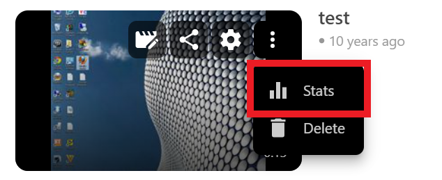 A Panopto recording showing its options. From left to right. Share. Settings and more Options has been expanded to show Edit. Stats and Delete.