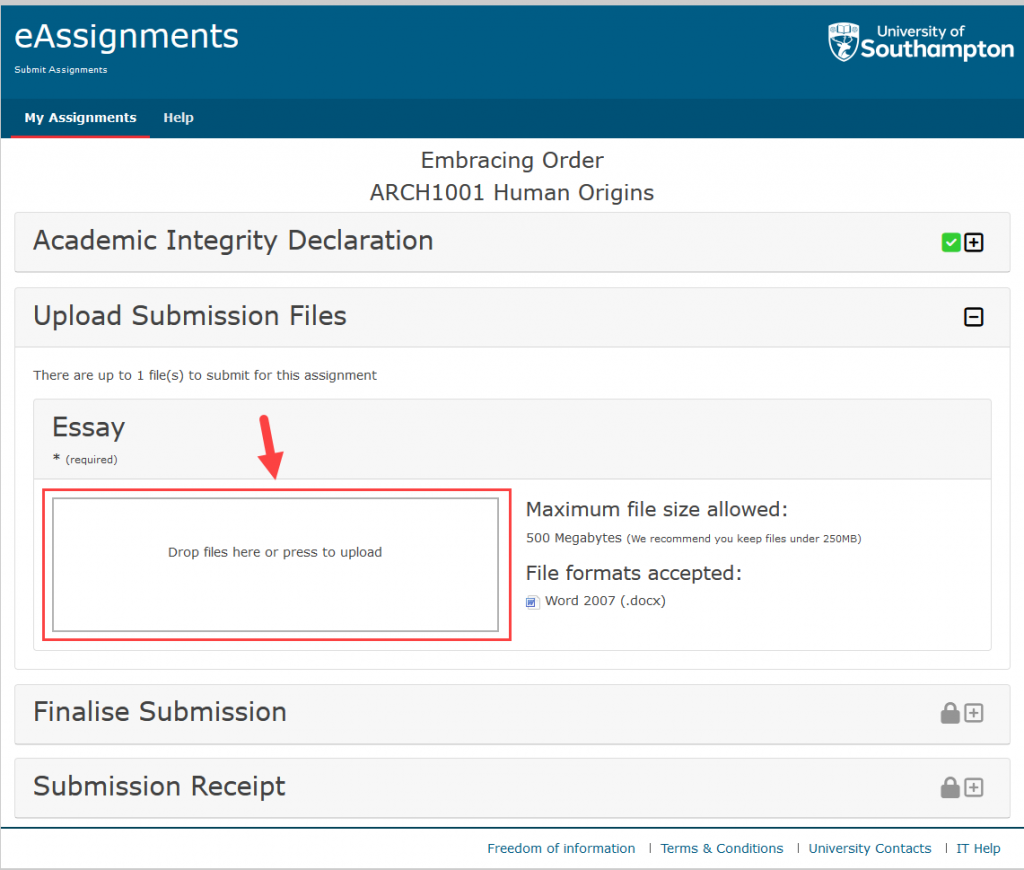 screen grab of table highlighting the area that when clicked opens the computers file browser. The clickable element is titled "Drop files here or press to upload"
