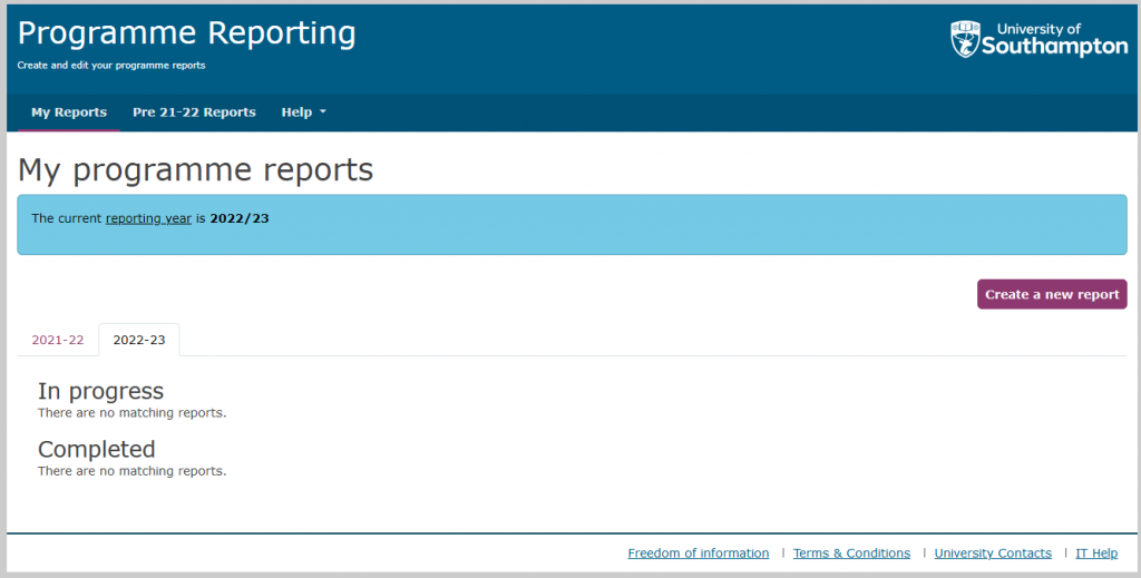Screenshot of the Programme Reporting tool