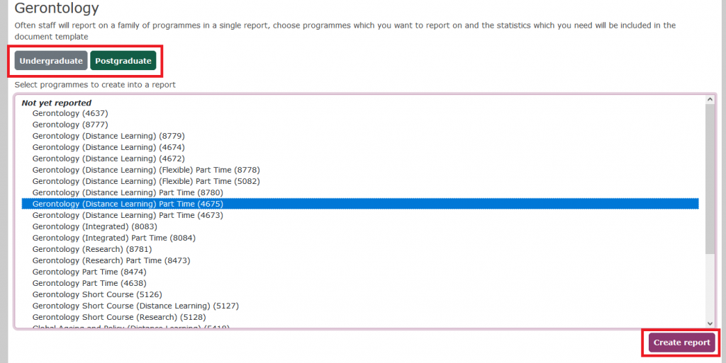 Screenshot of the page for selecting programmes. The buttons  to swap between Undergraduate and Postgraduate are highlighted.