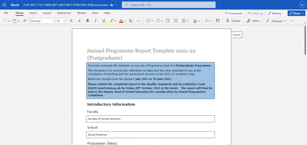 Screenshot of a Microsoft Word document open in a browser. The document is called "Annual Programme Report Template 2-21-22 (Postgraduate)