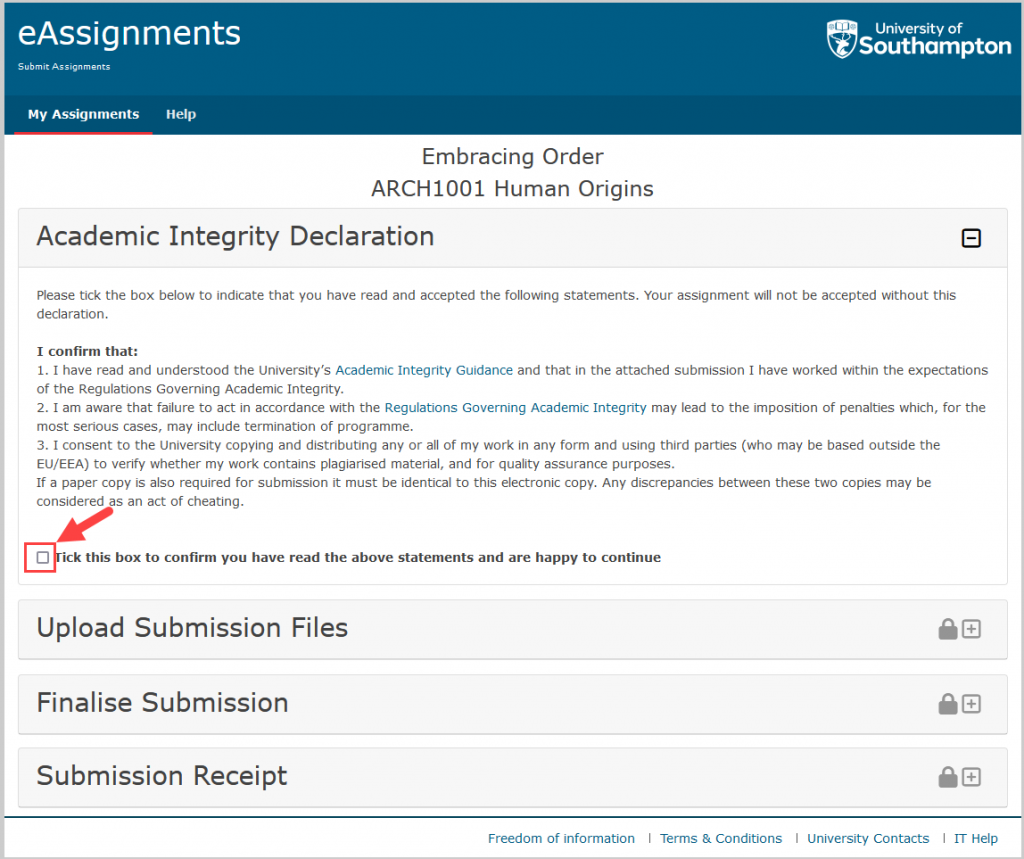 screen grab of table highlighting a check box that when checked means you agree to the academic integrity
