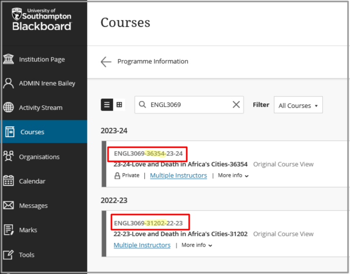 Go to your Courses list in Blackboard and compare the course ID for the coures you are copying contnet to and from. If they do not match you will need to Browse and add the new course code into the "Destination course ID" in the copy options. 