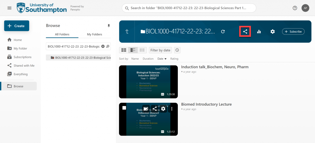A screenshot of a Panopto course folder with the share icon highlighted.
