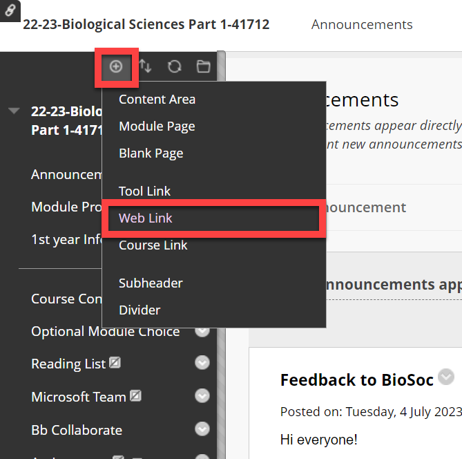 A screenshot of a Blackboard courses add a menu item button expanded with a list of the options. Highlighted is the web link button.