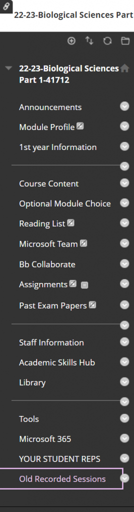 A screenshot of a Blackboard courses menu item list with a new menu item of a link to a Panopto folder.