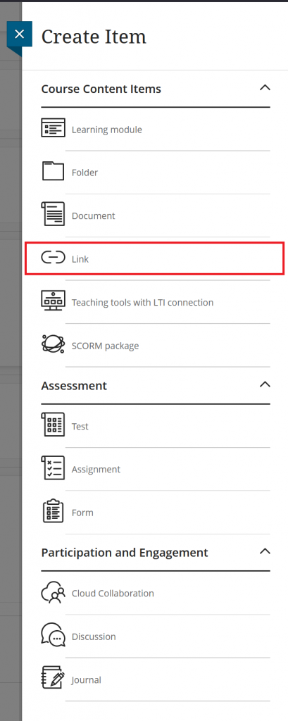 A screenshot of a Blackboard course main page showing the create item list. The link button is highlighted.