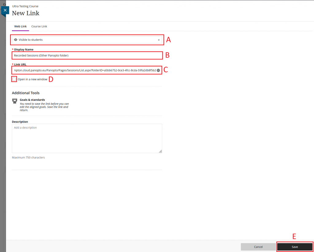 A screenshot of a Blackboard course main page showing the new link page.