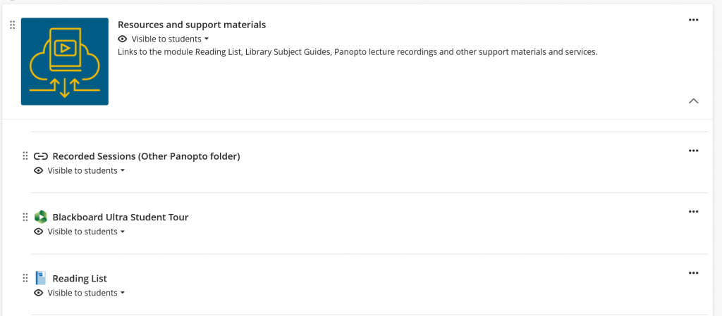 A screenshot of a Blackboard course main page showing the newly added Panopto link.