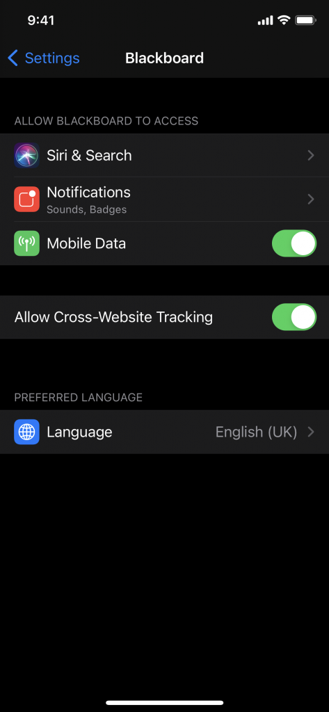 Screenshot of an iOS setting page for the Blackboard app. The allow cross website tracking slider has been set to be on.