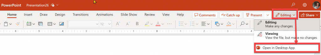 If you are working in PowerPoint online, Select "Editing" then "Open in Desktop App".
