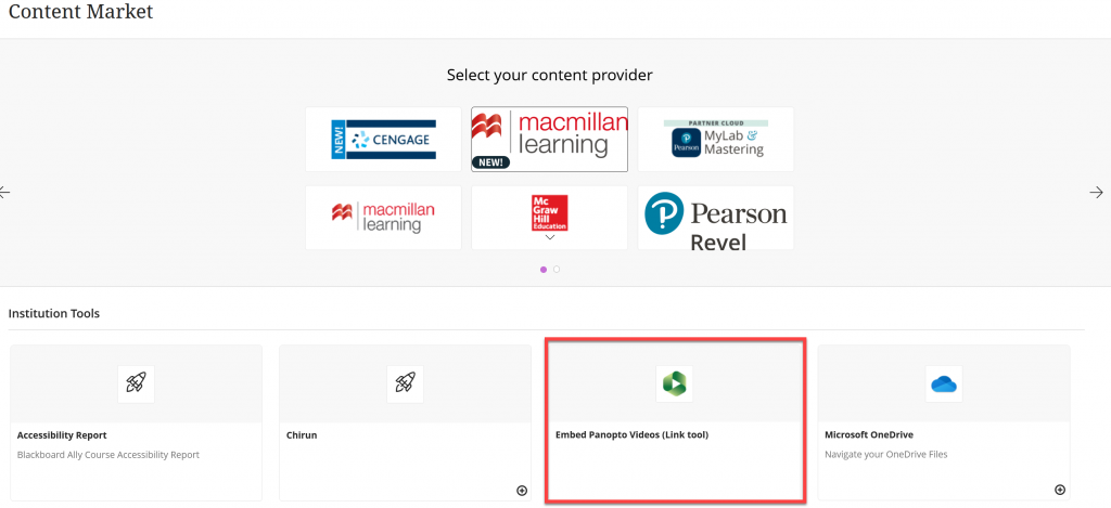 A screenshot of the content market, highlighted from list of options is the Panopto icon.