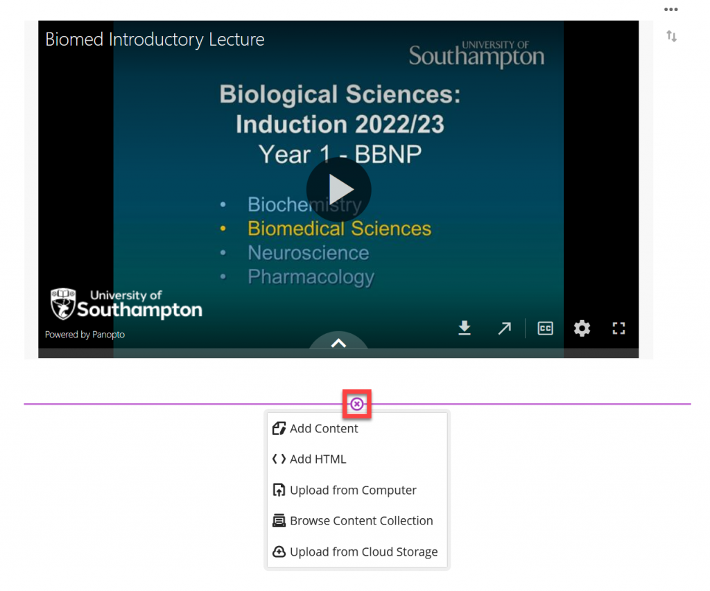 A screenshot focusing in on the embedded video, now showing the option of pressing the plus/pill button showing some more options.
