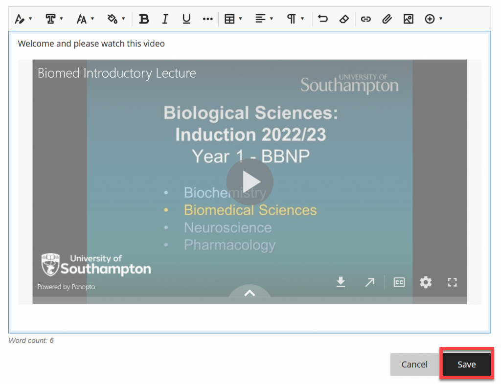 A screenshot focusing in on the embedded video, now showing the text editor with the save button highlighted.