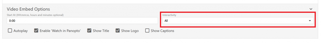 Screenshot of Panopto embed options box showing the more options.