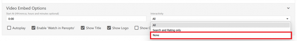 Screenshot of Panopto embed options box showing the dropdown list options for interactivity.