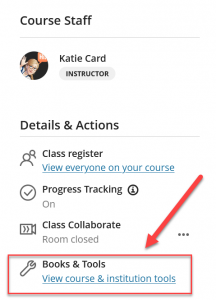 Screenshot of Blackboard Ultra module lefthand menu showing Books and Tools link highlighted