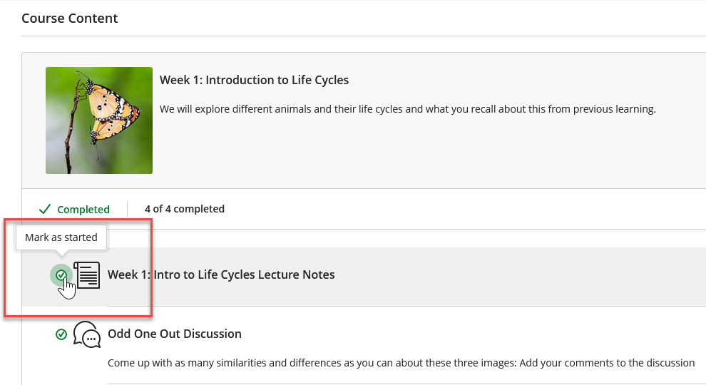 Screenshot of module page showing highlight section of Progress Tracking circle with option to "Mark as Started"