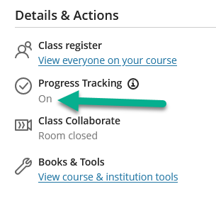 Screenshot of lefthand navigation menu with arrow pointing to Progress Tracking On indicator