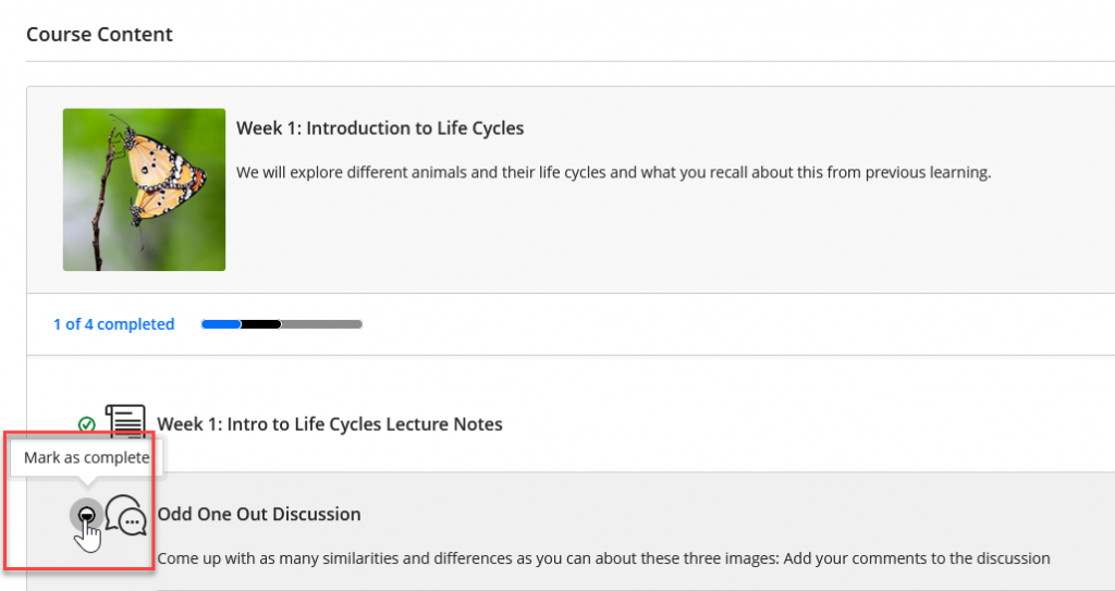 Screenshot of module page showing highlight section of Progress Tracking circle with option to "Mark as Complete"