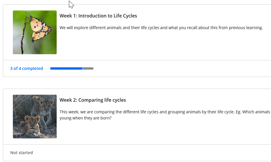 Screenshot of module page showing Week 1 folder 3 out of four complete and Week 2 folder not started