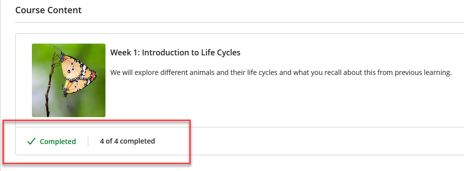 Screenshot of module page showing  Progress Tracking marking folder as complete / 4 out of 4 completed