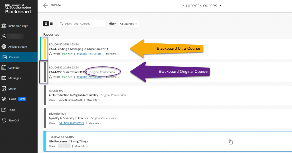 Screenshot of course list showing the different between Ultra and Original courses in list view