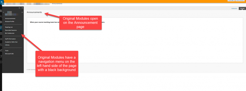 Screen shot of Original module showing the lefthand navigation menu