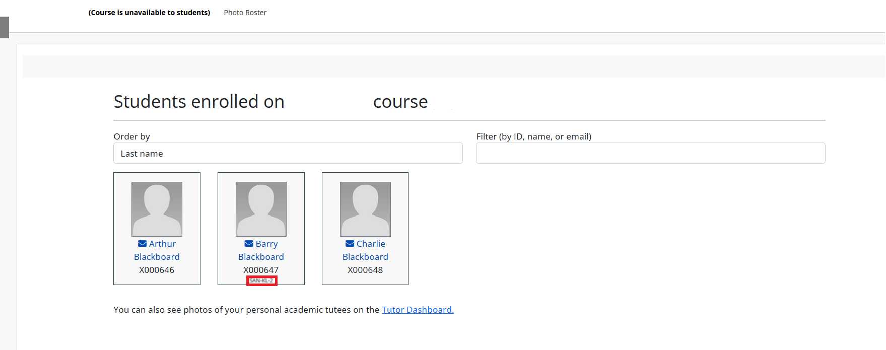Screenshot of Photo Roster. Child course ID is highlighted, and it appears under the student name/ID.
