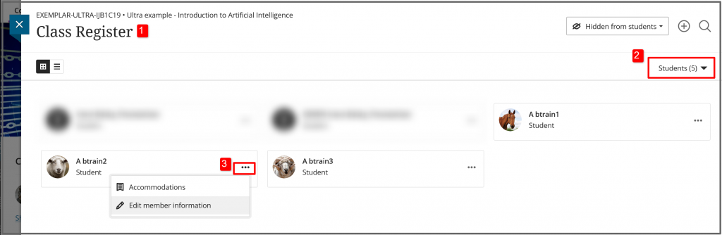 Filter the register by Instructor, Support staff or students. Select the options menu next to any student to view and edit their informaiton. 