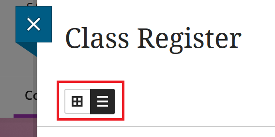 Screenshot of the Class Register with the Grid or List view icons highlighted.