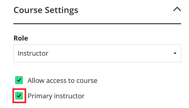The course settings section of a member information panel. The tick box for Primary Instructor is highlighted.