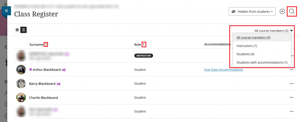 Screenshot of the Class Register. The Search icon is highlighted in the top tight. The filer by role option is highlighted just below it. In student list view it is also possible to reorder the columns and the ordering arrows to the right of the header name are highlighted.