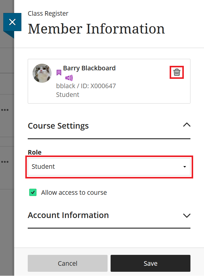 Screenshot of a student member information panel. The bin icon to the right of the student name is highlighted, as is the drop-down menu for changing student role under "Course Settings".