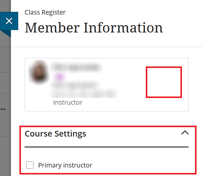 Screenshot of an Instructor Member Information panel. The lack of bin icon and drop-down menu for changing course role is highlighted.