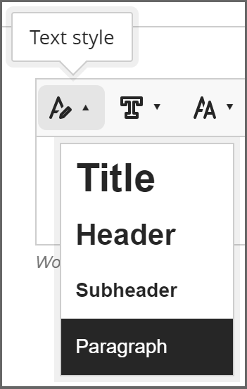 Blackboard Ultra text style menu; It shows the text styles Title, Header, Subheader, and Paragraph.