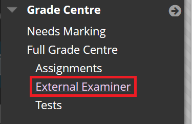 Screenshot of Blackboard Original menu. Under the Grade Centre header, a new Smart View called "External Examiner" is highlighted.