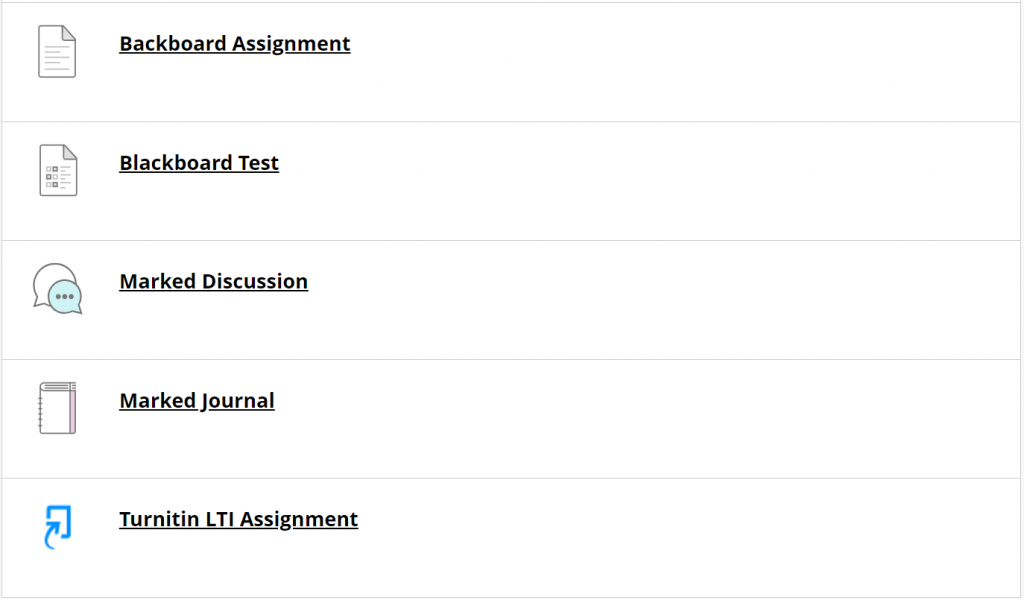 A screenshot of various assignments in Blackboard Original.
The Blackboard Assignment icon is a page with lines on.
The Blackboard Test icon is a page with squares and lines.
The marked discussion icon is two speech bubbles.
The marked journals icon is a spiral bound notebook.
The Turnitin LTI assignment icon is a blue rectangle with an arrow.