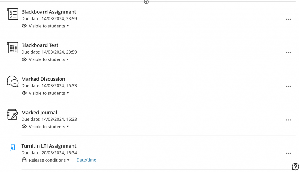 A screenshot of various assignments in Blackboard Original.
The Blackboard Assignment icon is a page with ticks, crosses and lines on.
The Blackboard Test icon is a page with squares and lines.
The marked discussion icon is two speech bubbles.
The marked journals icon is a spiral bound notebook and pen.
The Turnitin LTI assignment icon is a blue rectangle with an arrow.
