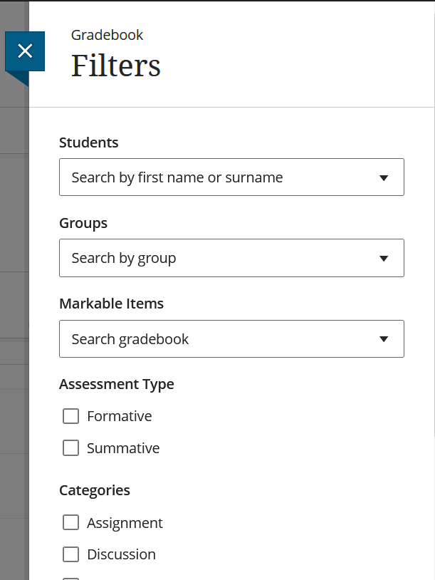 Screenshot of the Blackboard Ultra Gradebook Filter panel. It shows filter fields for Students, "Search by first name or surname", Groups "Search by group", Markable Items "Search by gradebook". 
Below this, there are check boxes to filter for Assessment Type: Formative and Summative, and then Categories including "Assignment" and "Discussion".