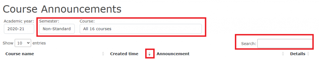 Screenshot of the course announcements tool with the filter options and search bar highlighted.