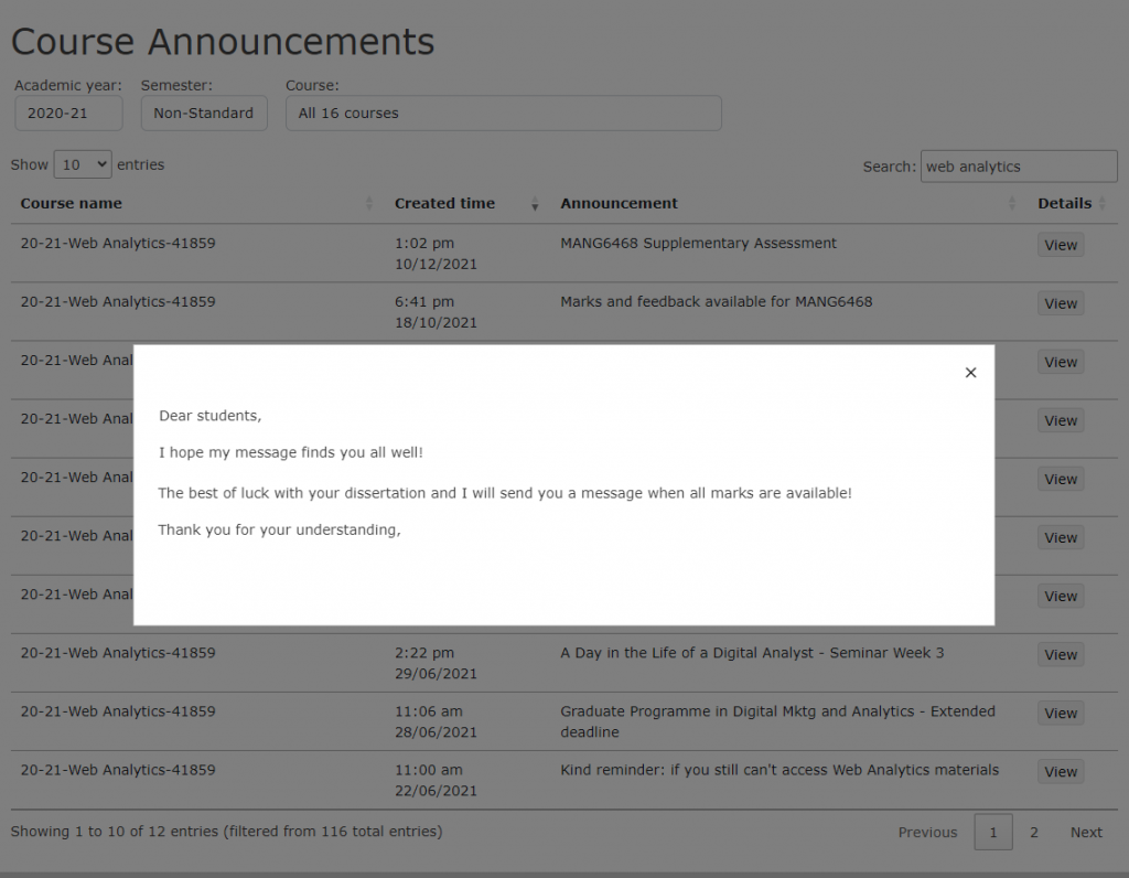 Screenshot of the course announcements tool with a course announcement open.