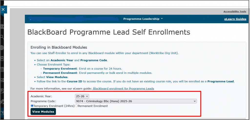 Select the academic year and programme from the drop down menus. Select View Modules.