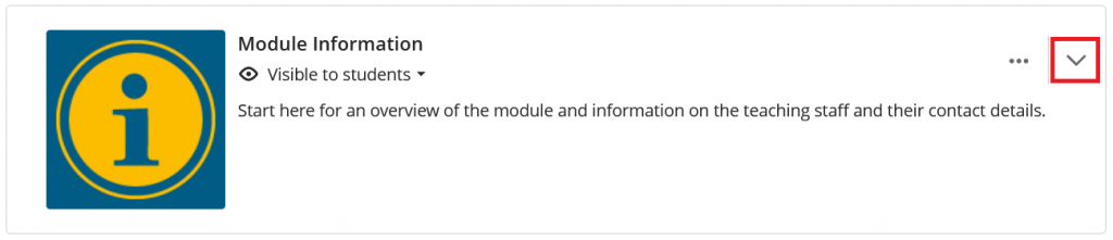 Screenshot of the Module Information Learning module in Blackboard Ultra. The down arrow on the right. which expands the learning module content, is highlighted.