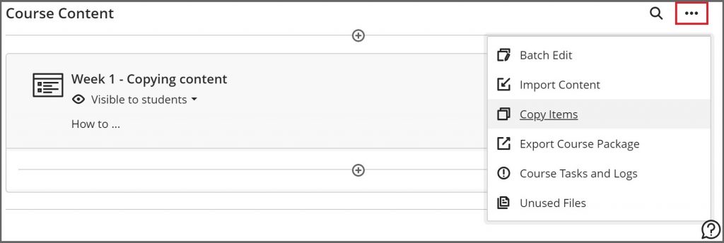 The Copy Content option from the more options for course content menu.