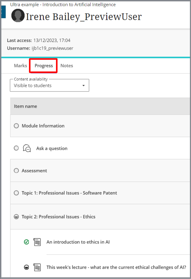 A screen capture displaying different options when a user has been selected. On the top section, thre options are shown from left to right: Marks, Progress and Notes. The progress option is highligted.