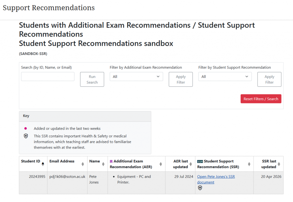 Screenshot of the Student Support Recommendations Tool in a Blackboard course.