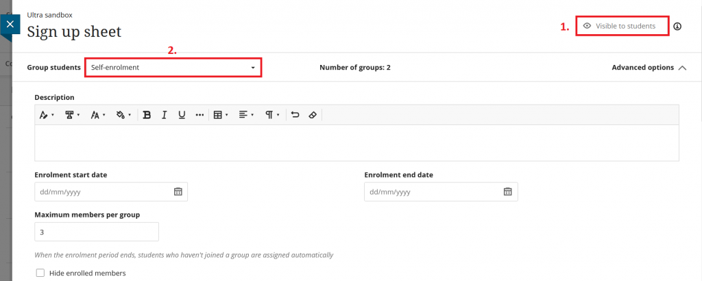 Screenshot of the create a new group page. The group visibility is highlighted with a number 1, as this if the first setting you should change. The setting has been changed to "Visible too students". The Group students method is highlighted with a number 2, as this is the second setting you should change. The setting has been changed to "Self-enrolment".