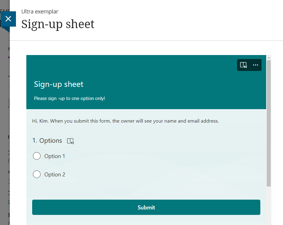 Screenshot of a Microsoft Form embedded into a Blackboard Ultra document.